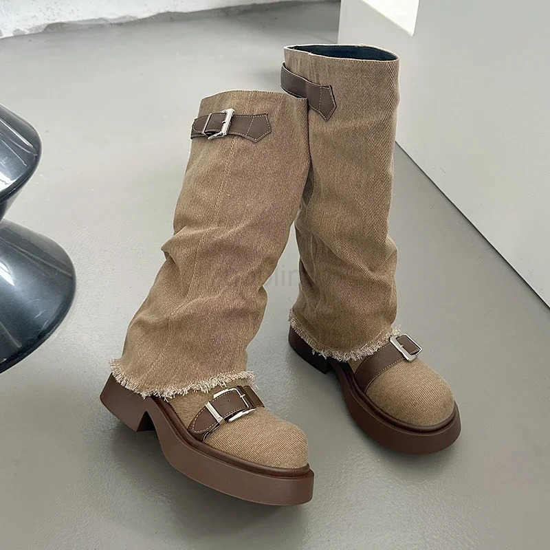 Mid-calf Square Heel Modern Boots Winter Denim Ladies Shoes 2024 High Quality Slip-on Mid Hee Round Toe Belt Buckle Boots Z250304