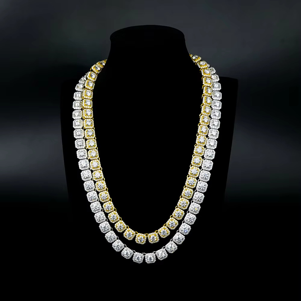 yue Factory Hip Hop Cuban Gra Certified 11mm Mossanite Moissanite square Cut Clustered Tennis Chain Necklace with Side Ice