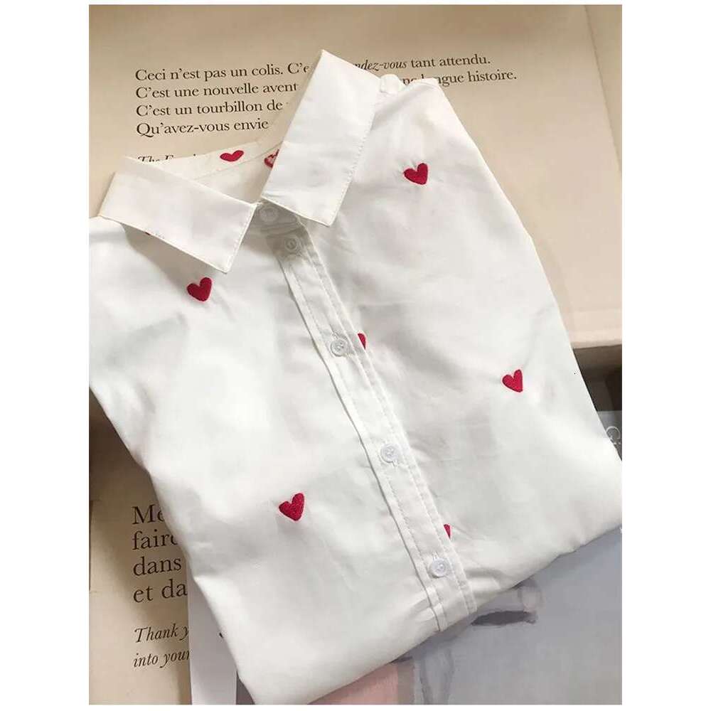 2025 Spring Women Red Heart Embroidery White Shirt Single-Breasted Ladies All-Match Office Blouse Top Female Chemise