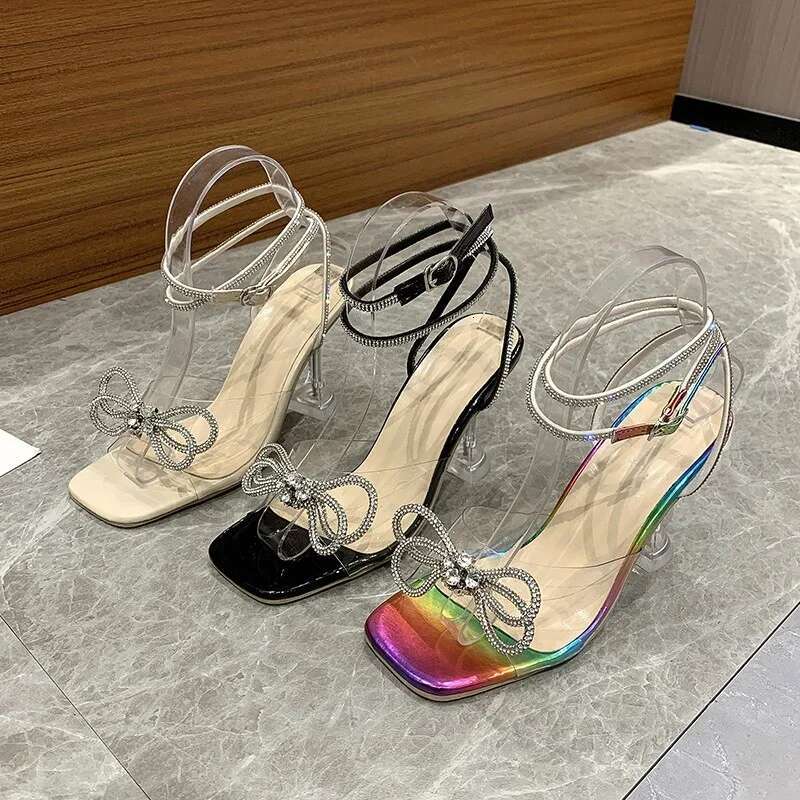 Rhie Bow-Knot Women PVC Jelly Pumps Heels Ladies Shoes Sexy Square Toe Ankle Buckle Strap New Sandals Plus Size