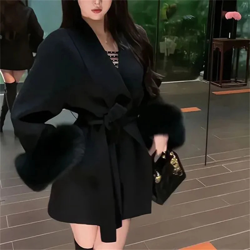 Wool jacket with spring and summer long sleeves loose highend spliced short blended wool lace 250225