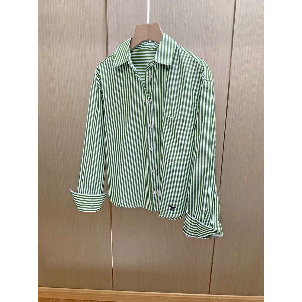 Women's Green Stripes Shirt Embroidery Butterfly Letter Turn-Down Collar Cotton Top 2025 Autumn Female Single Breasted Blouse