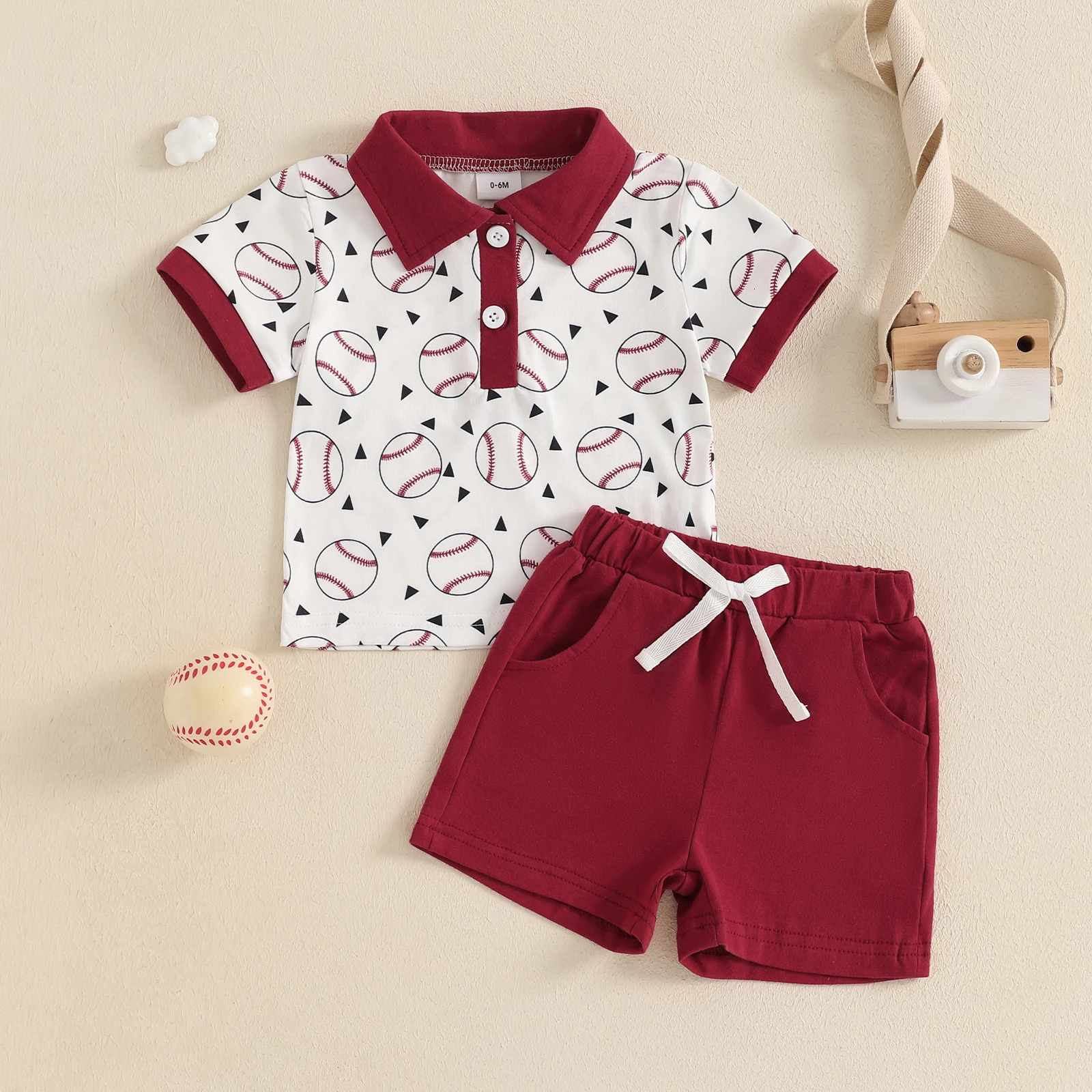 Infant Baby Boy Tracksuits Summer 2pcs Clothes Suit Toddler Baseball Half Button-up Lapel Short Sleeve Shirt Shorts with Pockets 250304