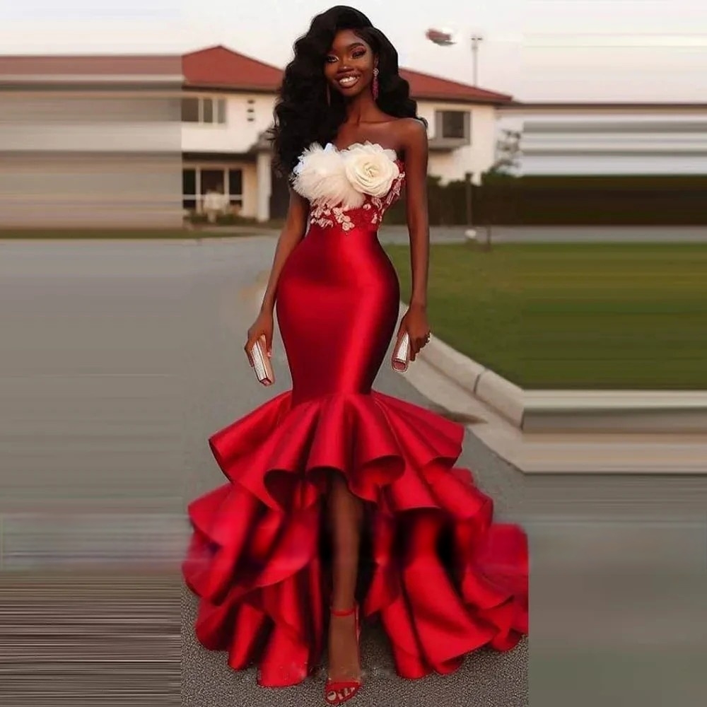 Chic High Low Red Mermaid Prom Dresses With Hand Made Flowers Appliques Strapless Corset Evening Gowns African Black Girls Pageant party Dress
