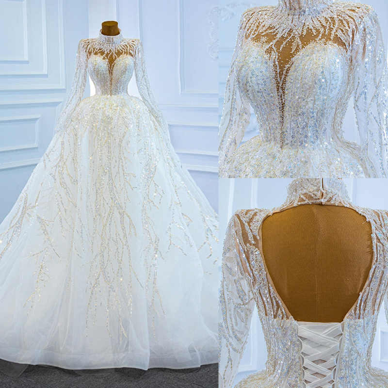 Sparkling Wedding Dresses Ball Gown Lace Crystal Appliques Beads with Bling Sequins Lace-Up Floor-Length Court Gown Customized Bridal Gowns Vestidos D