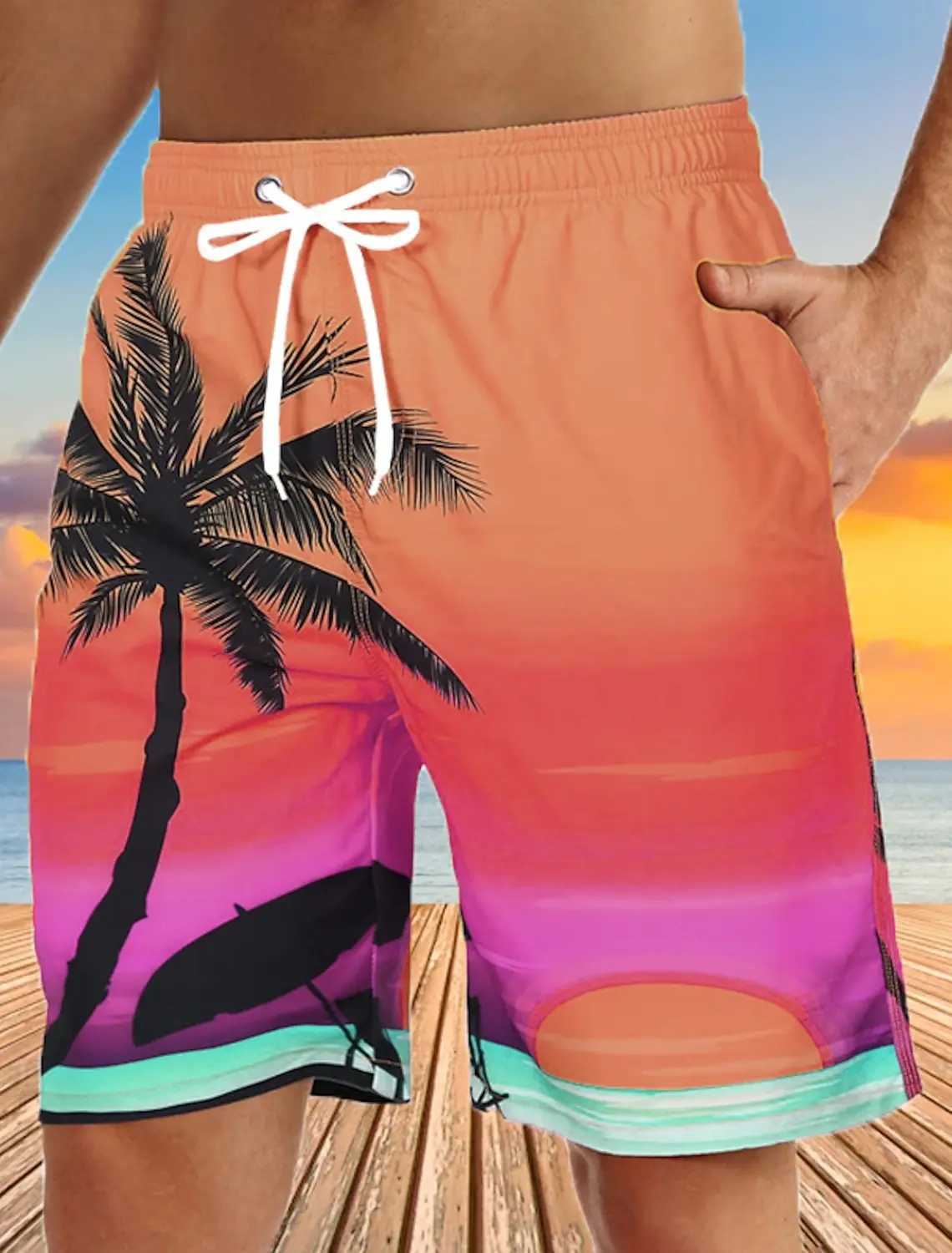 Hawaiian Coconut Tree Beach Shorts 3D Printing Summer Mens Casual Swimming Short High Elastic Quick Drying Pants Sport PantT250304
