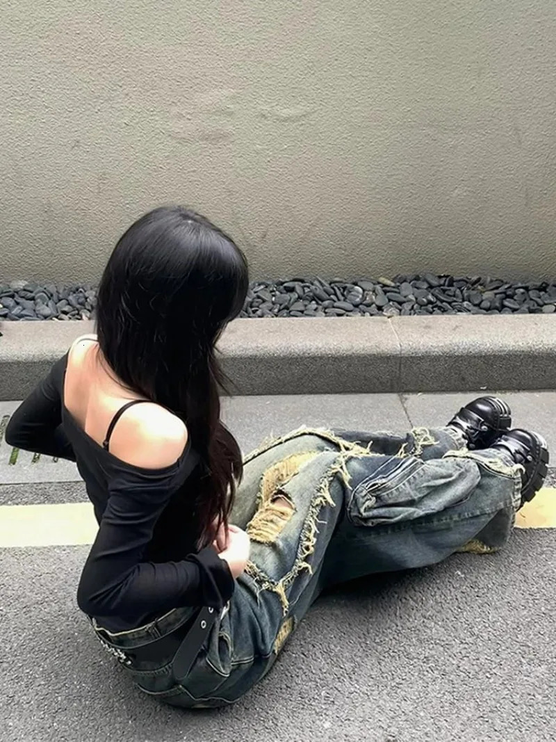 Y2K High Street Ripped Tassel Washed Baggy Jeans Woman Retro Street Hip-hop Loose Old Fashion Casual High Waist Wide Leg Jeans 250228