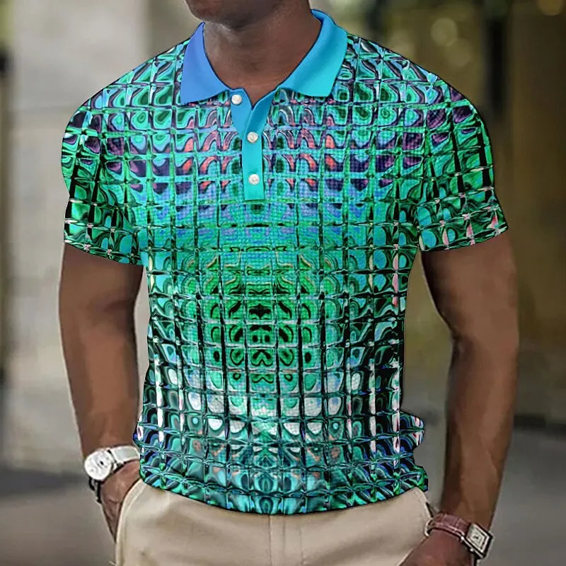 Fashion MenS Polo Shirts 3d Simulation Metal Plaid Printed MenS Clothing Summer Casual Short Sleeved Street er Tops Tees 250304