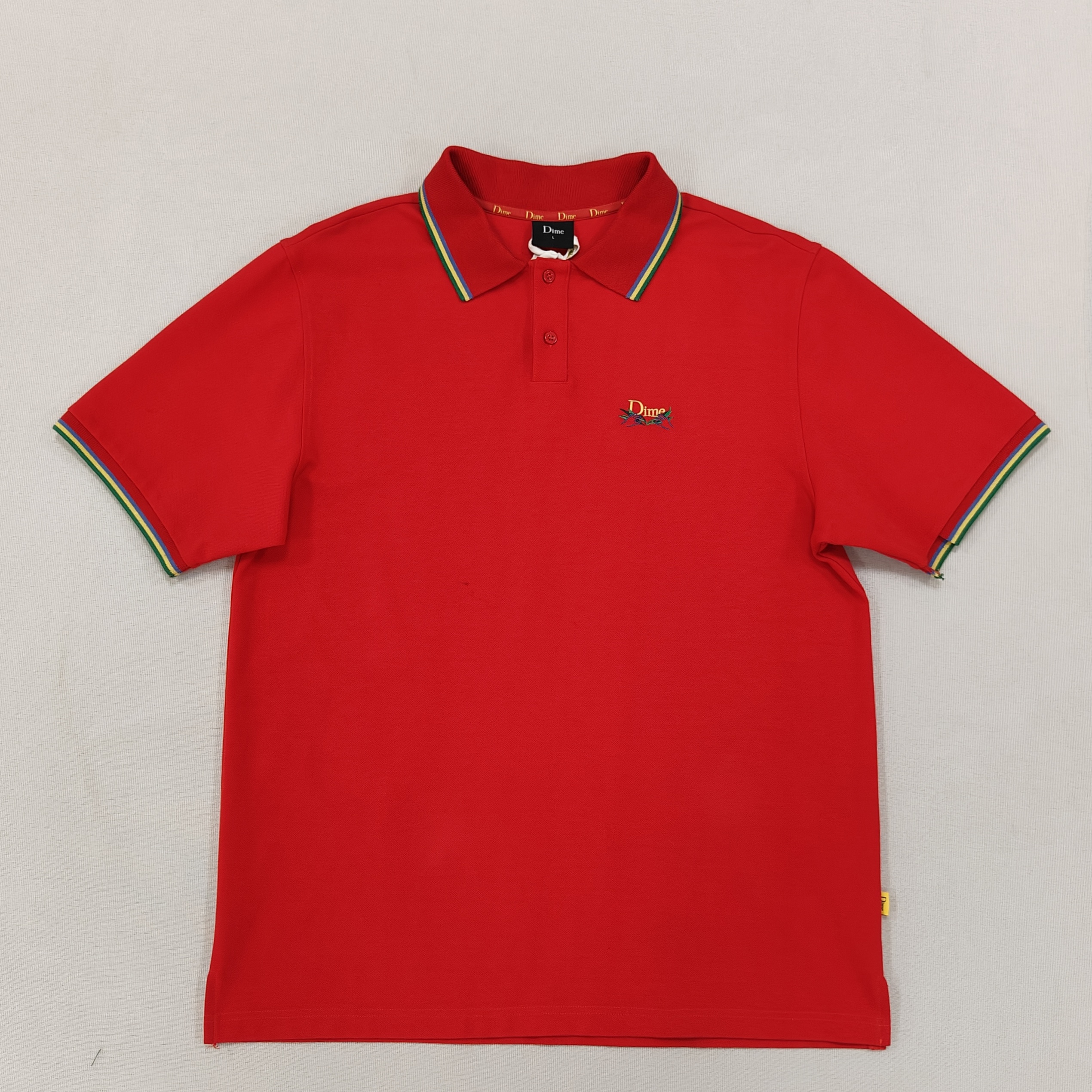 Men's Fitted Stretch Red Embroidery Polo Shirt Ribbed Cuffs and collar with rainbow striped pattern for Casual Wear