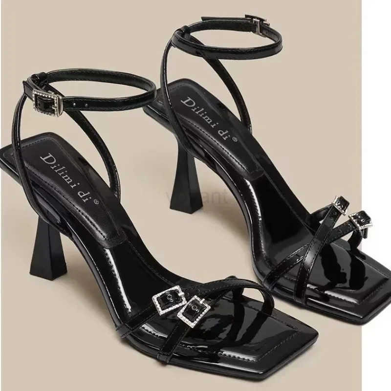 2024Wens Summer New Fi Square Toe Simple Solid Color Stiletto H PU Leather Sexy Open Toe Party Dress Wens Sandals Z250304