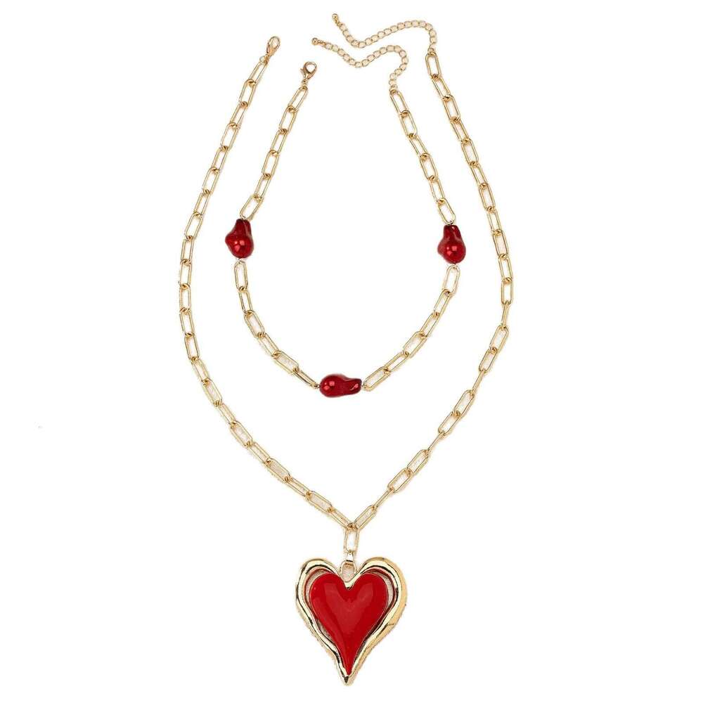 designer necklace Fashionable trend red heart imitation pearl multi-layer necklace set for women with high-end design sense