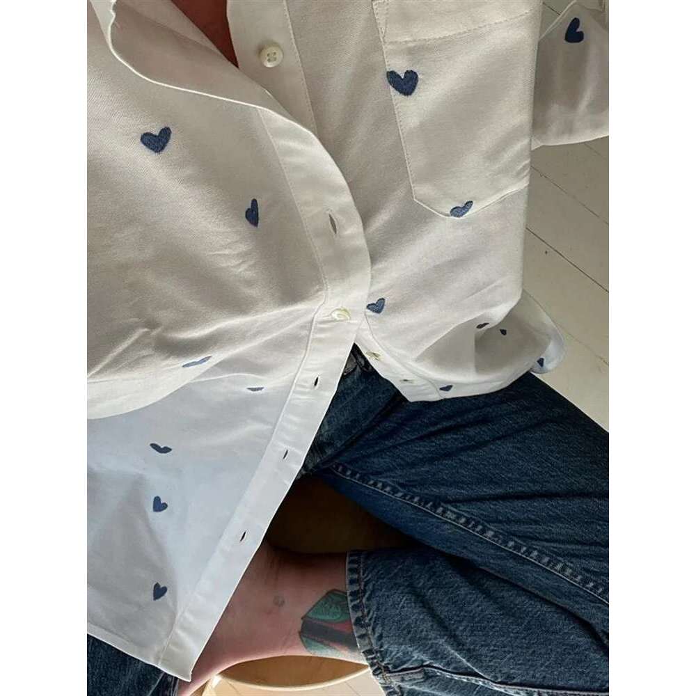 Blue Heart Shape Embroidered Women White Shirt Turn-Down Collar Ladies Long Sleeve Elegant Blouse And Top