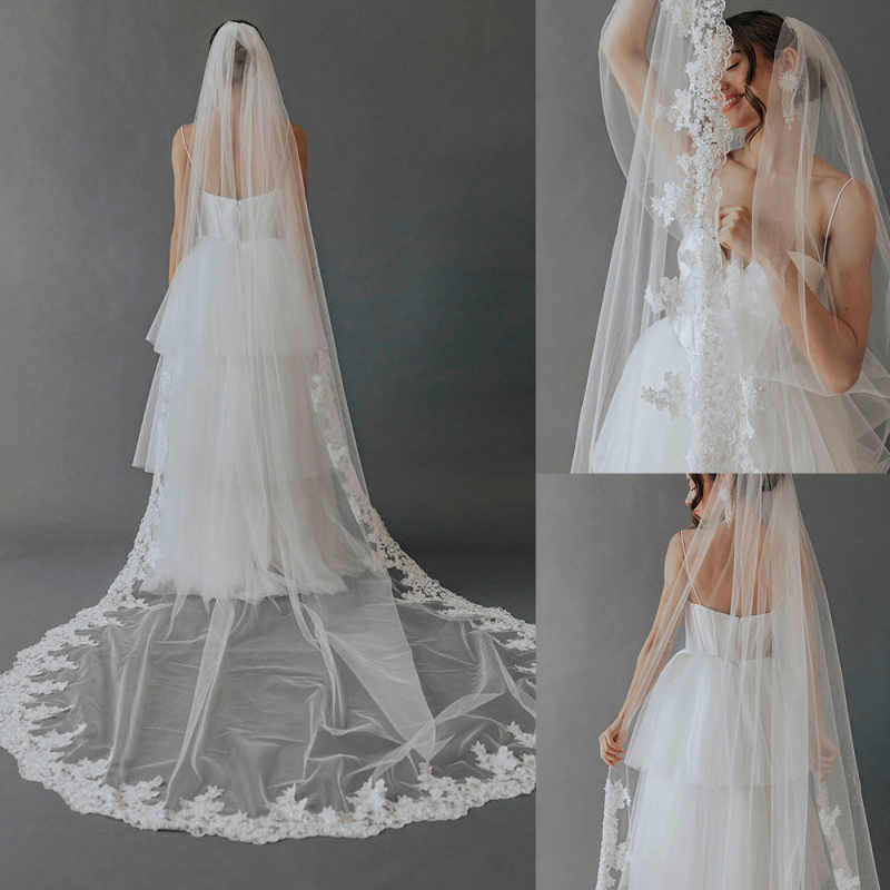 Luxurious 3Meters White Ivory Wedding Veils with 3D floral appliques Long Lace Edge Bridal Head Veil with Comb For Marriage Bride Women's Accesso