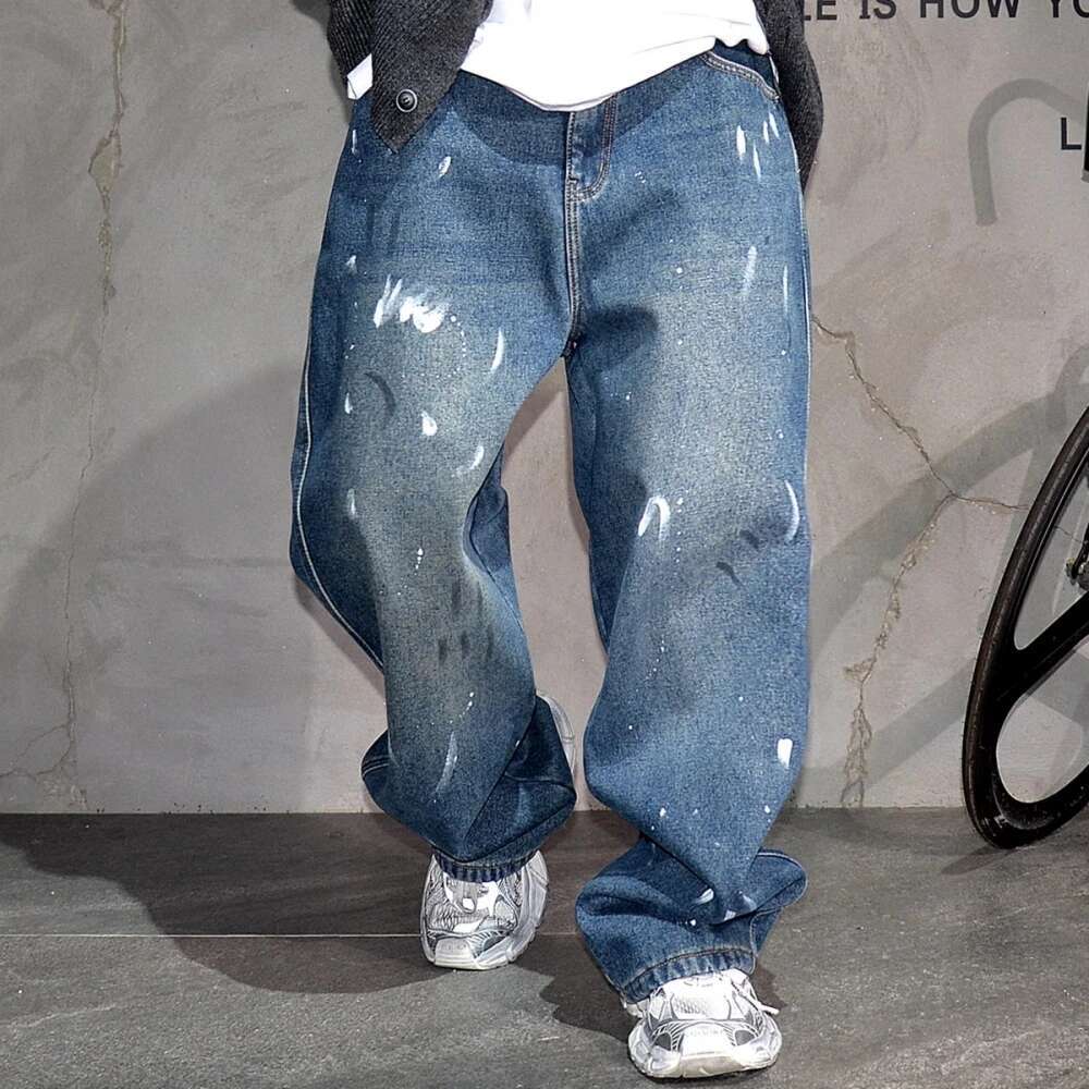 Winter Fleece Thick Baggy Jeans For Men Streetwear Spray Paint Trend Warm Denim Pants Fashion Hip Hop Skateboard Trousers Male