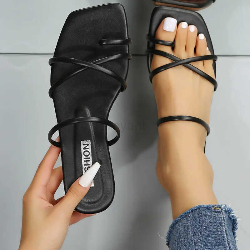 Summer Flat Fi Sandals Wen Candy Color Strap Cross Slipper Ladies Girl Flat Square Toe Strap Flip-flop Slippers Z250304