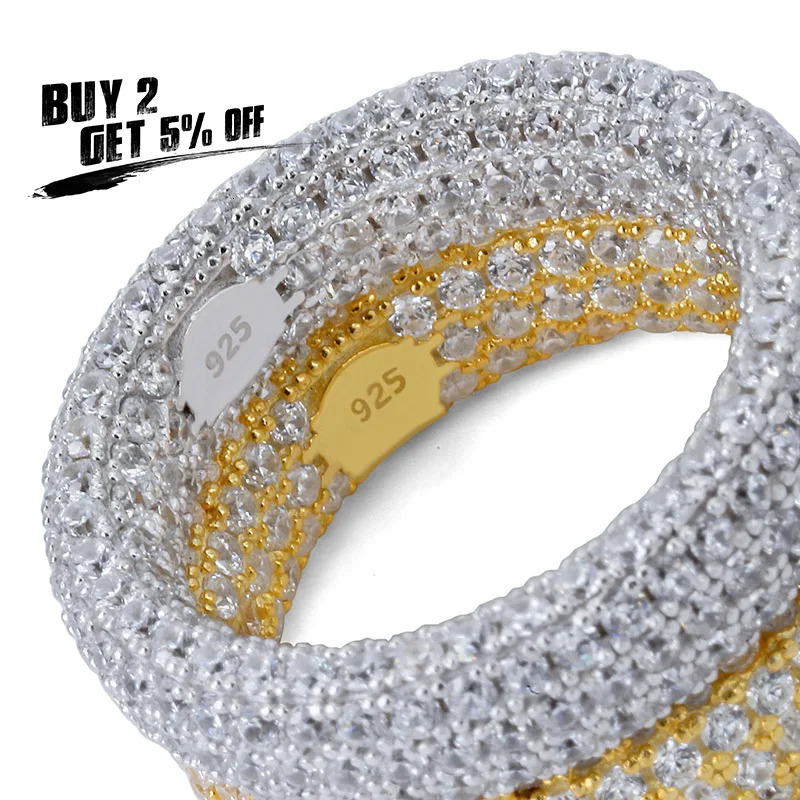 Hip Hop 925 Sterling Stamp Ring Full Cubic Zircon Gold Charm Jewelry Punk Male Women Finger Rings Size 7-11 250227