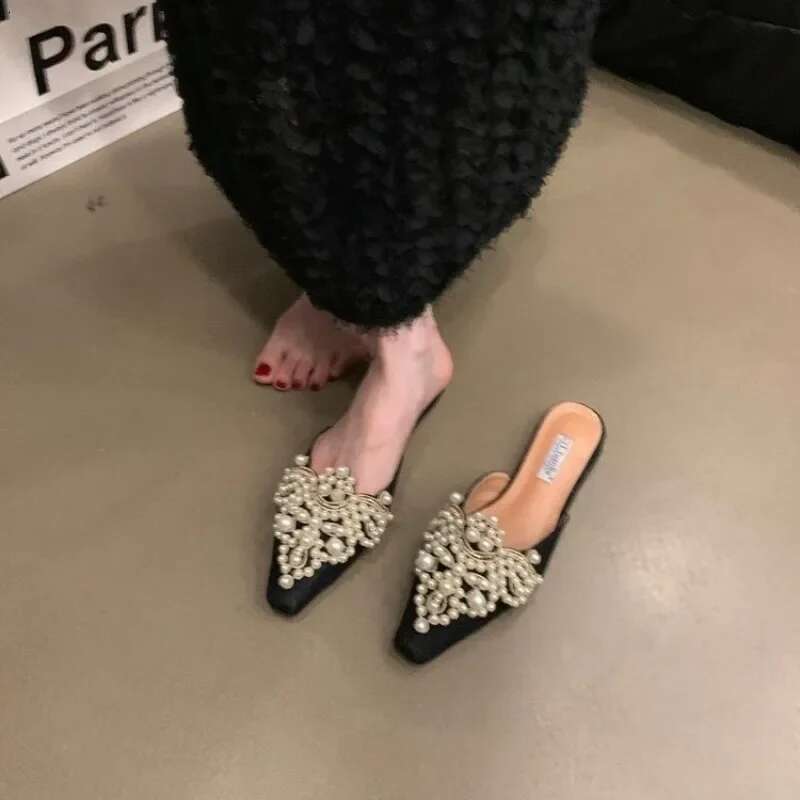 Women Bead Flats Slippers Summer Mules Shoes Sandals 2025 Trend Sgback Slides Walking Flip ps atillas De Mujer