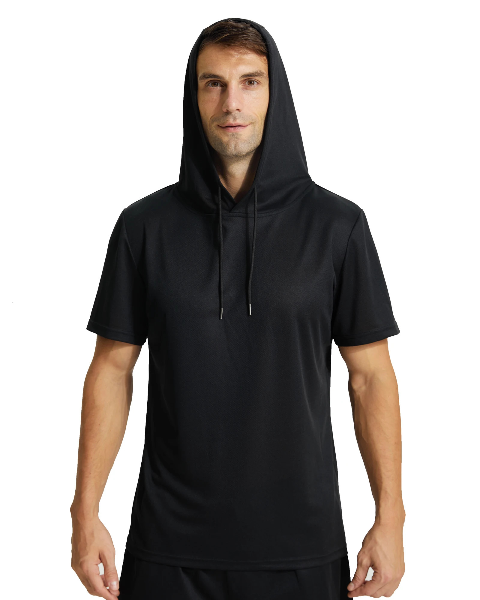 Mens Workout Hooded Shirts Short Sleeve Muscle Fit Gym Running TShirts Sweatshirt 250304