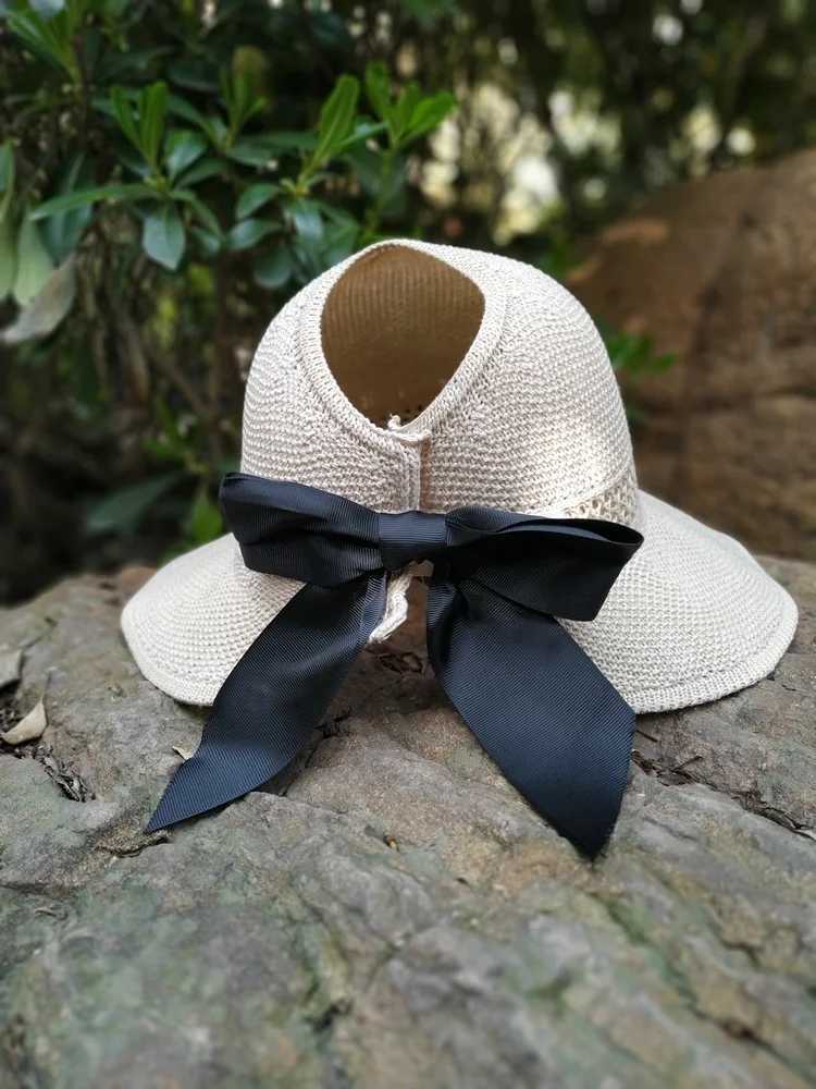 Summer Str hat with ribbon tie foldable beach hat outdoor sun hatXJ250304