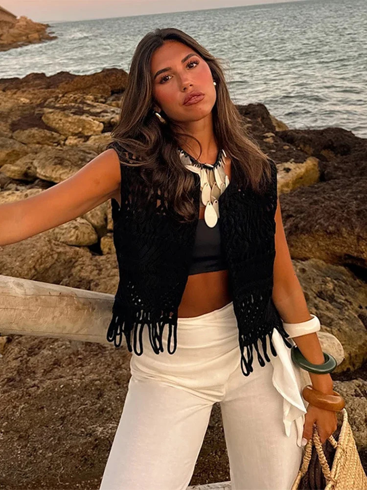 Hollow Out Crochet Knitted Womens Vest Sleeveless Tassels Open Front Slim Cardigan Waistcoat Fashion Knitwear Crop Top 250303