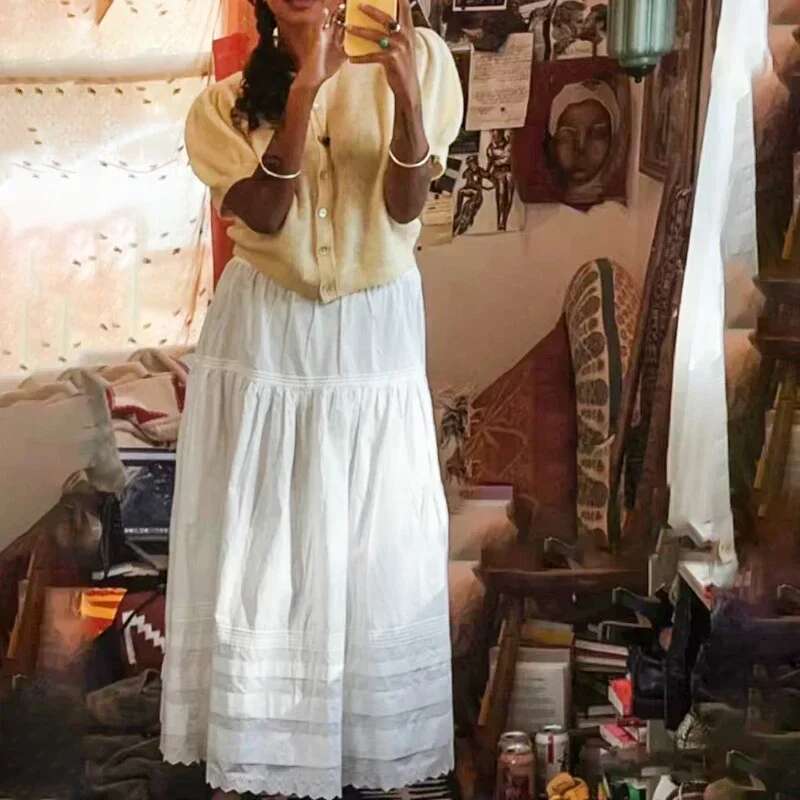 2025 Spring / Summer New Girl Style Solid Color Hollow Hook Wer High Waist Casual Ladies Midi Skirt