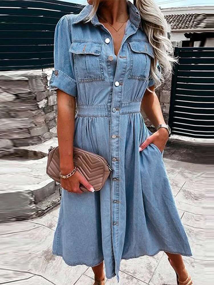 Denim Solid Women Dresses Short Sleeve Single Breasted Lady Maxi Dress Fashion Elegant Spring Lapel Female Vestidos
