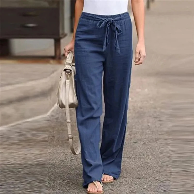 Women Solid Long Pants Women Casual Loose Cotton Linen Lace Up Elastic Waist Wide Leg Trousers Ladies Streetwear Straight Pants 250303
