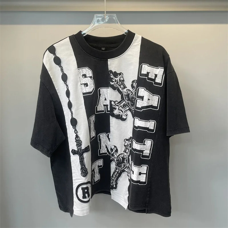 Washed Patchwork Fashion T Shirt Men High Street Women T-Shirt Oversized Tee Mens Clothing