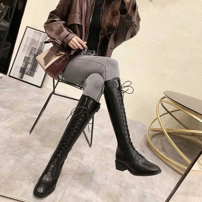 Lace-up Shoes for Wan Long Wens Boots Winter Knee High Shaft with Laces Biker Footwear Brown Large Size Warm S Quality Z250304