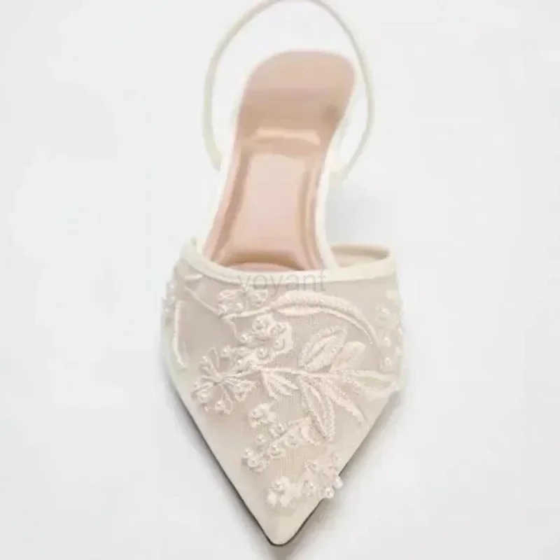 Mesh Embroidered Brand Sandals Wen String Bead Thin H Mes Shoes Pointed Toe Slingback Slippers Wen Zapatos De Mujer Z250304