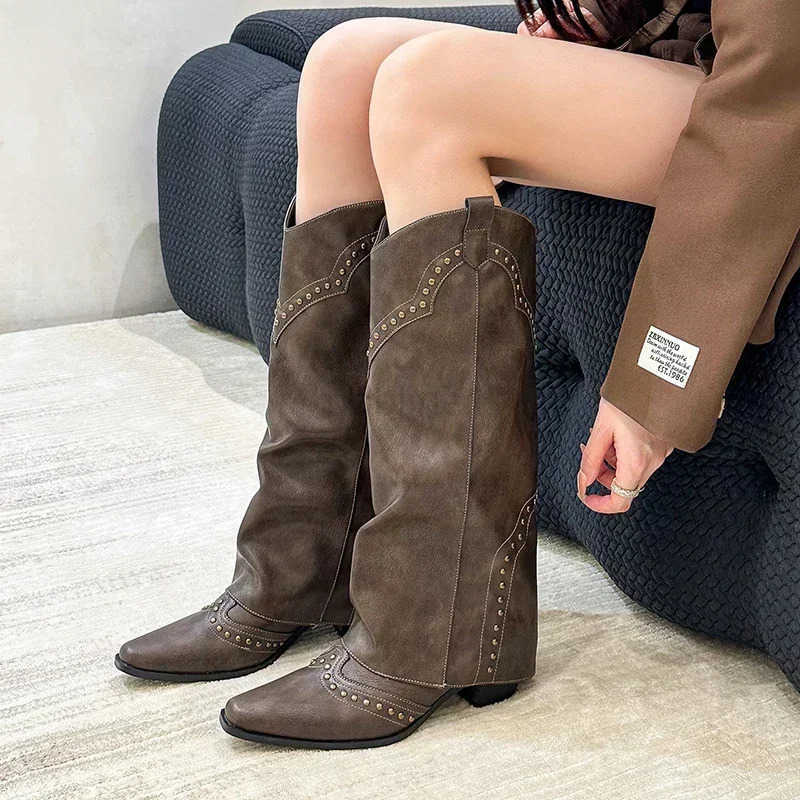 Wan Cowgirl Boots Fion Slip On Ladies Elegant Square Heel Long Pipe Boots Shoes Wens Winter Footwear Z250304