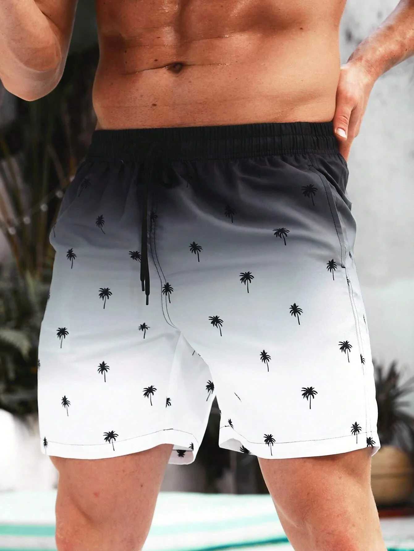 Summer Mens Beach Short Coconut Tree Drawstring Mens swim Trunks Elastic Waist 3D Print Gradient Breathable Short StreetwearT250304