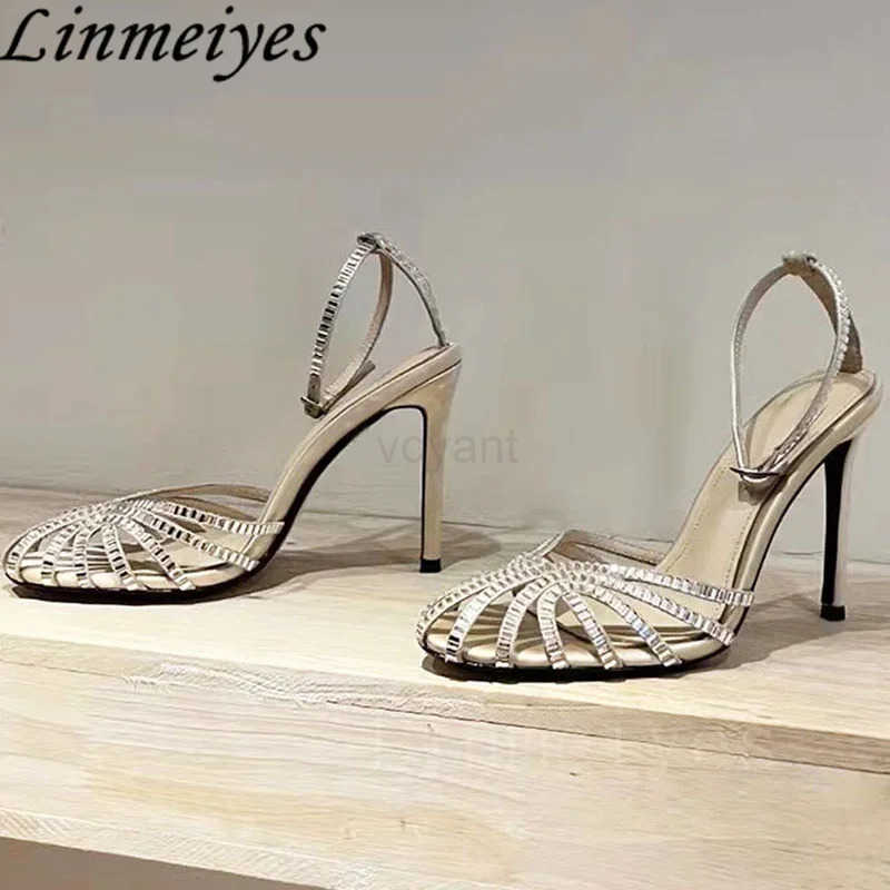 Rhine Sandals Wan High H Hollow Outs Summer Sandalias Wan Ankle Strap Crystal Shoes Wen Stiletto Sandals Wan Z250304