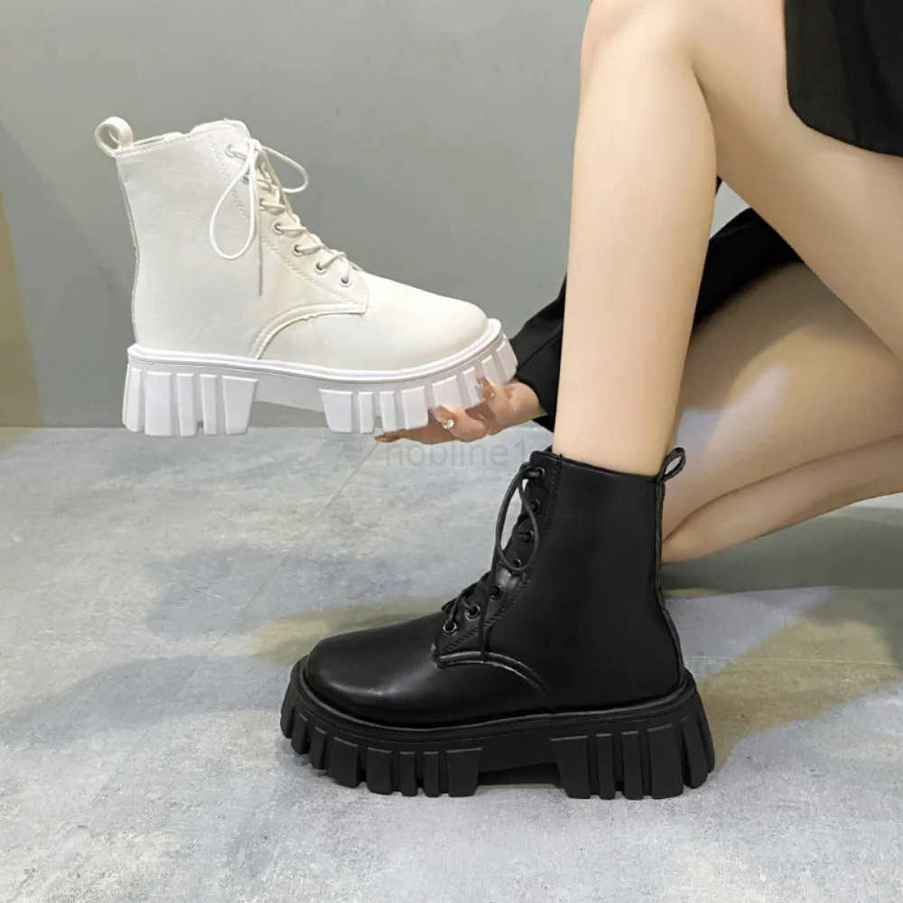 Chunky Platform White Ankle Boots Wen Autumn Winter Pu Leather Booties Mujer Punk Thick Bott Motorcycle Boots size 35-42 Z250304