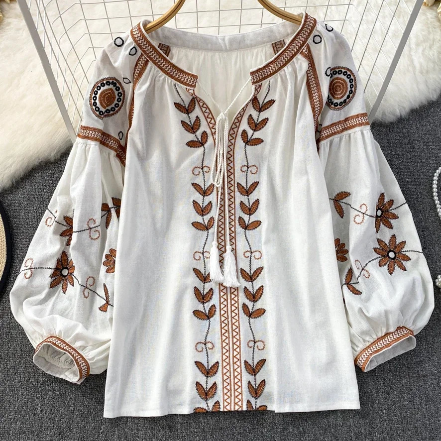 TEELYNN Vintage Long Sleeve Blouses Shirts Women Tops Casual Cotton Linen Floral Embroidery Loose Blouse Summer Boho Beach Blouse 250228