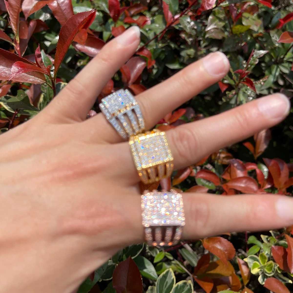 Couple Rings Wind hip-hop square zircon ring with four rows of hollowed out side fashionable and personalized trendsetter ring H25303