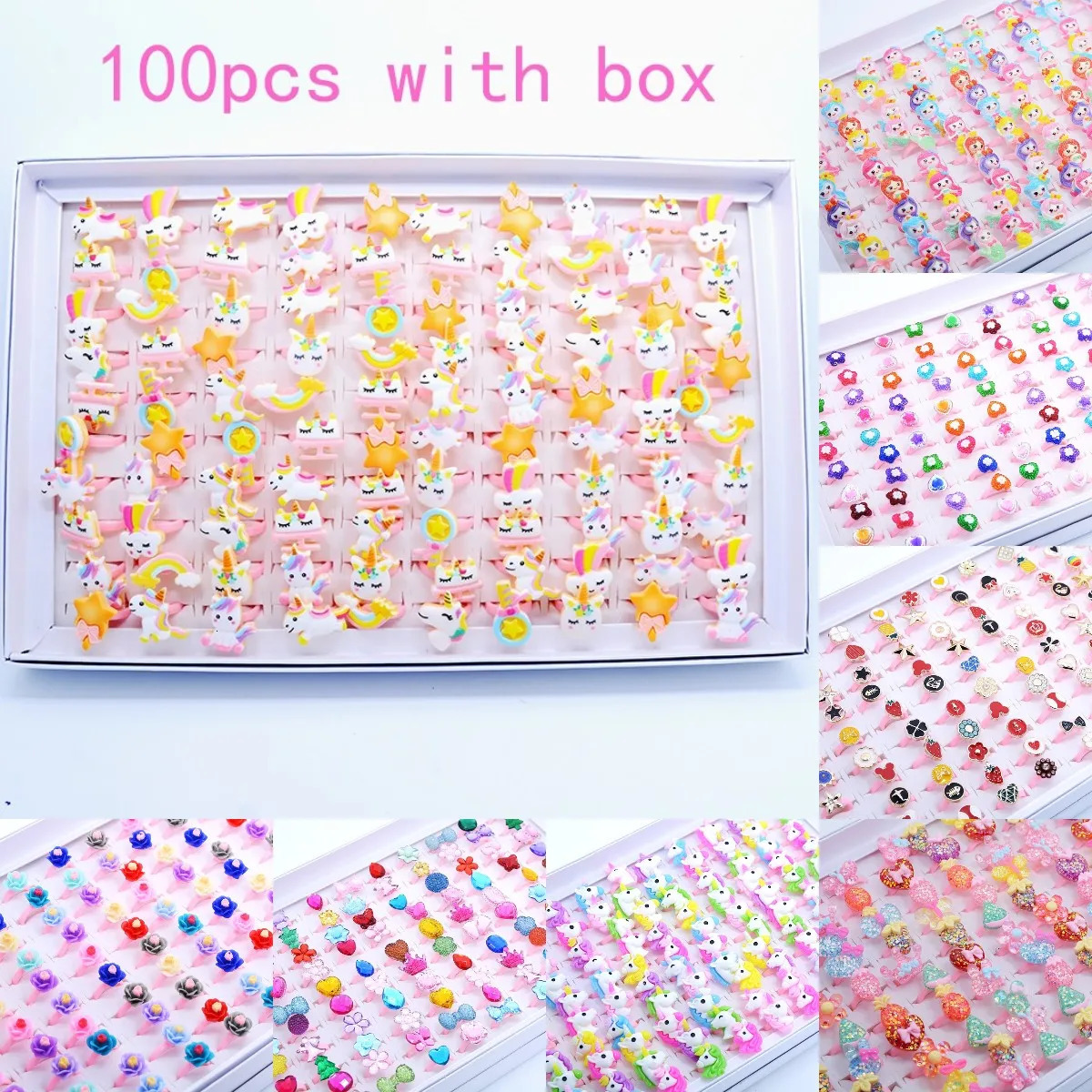 Wholesale 100pc/box Mix Cartoon Animal Mermaid Daisy Gem ring Kids Girl Rings Child Birthday Party Gifts adjustable size 250304