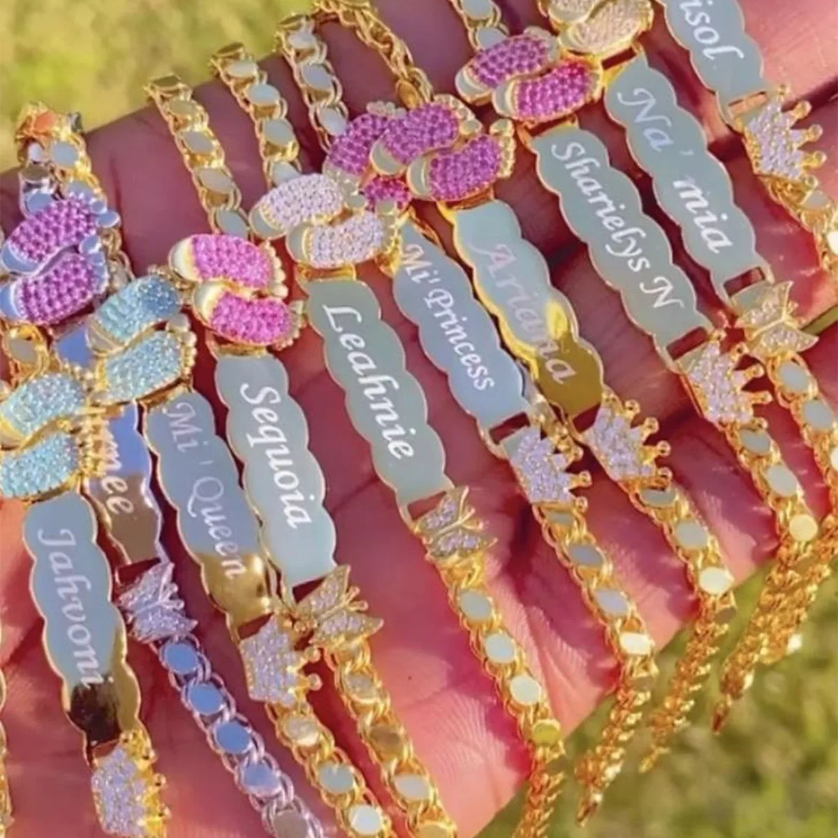 DUOYING Custom Baby Name Footprint Bracelet Personalized Crown Zircon Nameplate Bracelets Engraved Cute Name Bar with Birthstone 250304