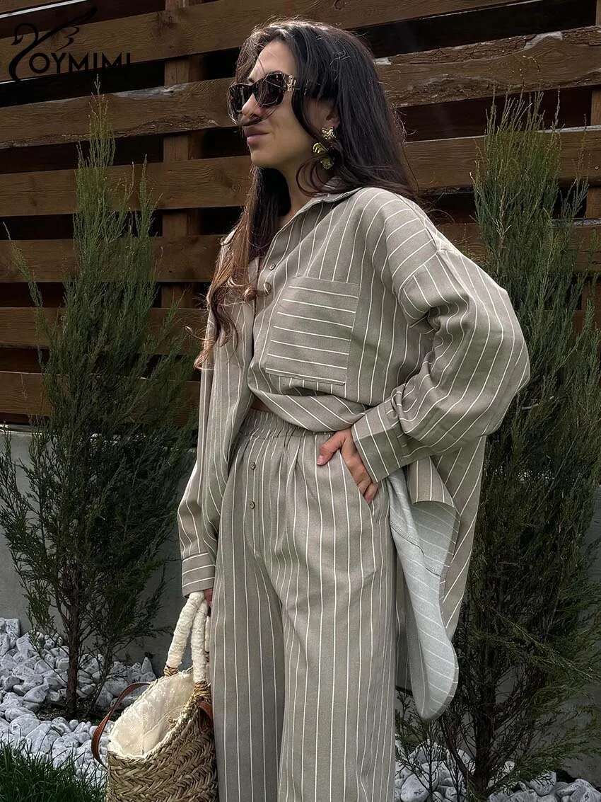 Fashion Khaki Print 2 Piece Sets Women Outfit Elegant Long Sleeve Pockets Button Shirts And High Waist Straight Pants Set