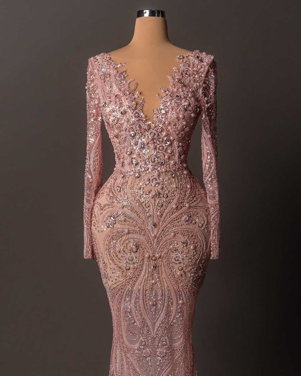 Evening Dresses For Women Sheer Neck Long Sleeves Gown Sequins Beaded Crystal Party Customized Dress