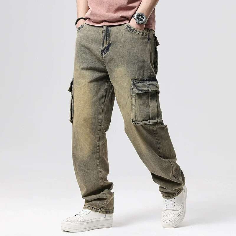 Large Size 46 Loose Jeans Men Denim Pants Straight Pocket Baggy Casual Streetwear Hip Hop Brand Blue Wide Leg Cargo Trousers