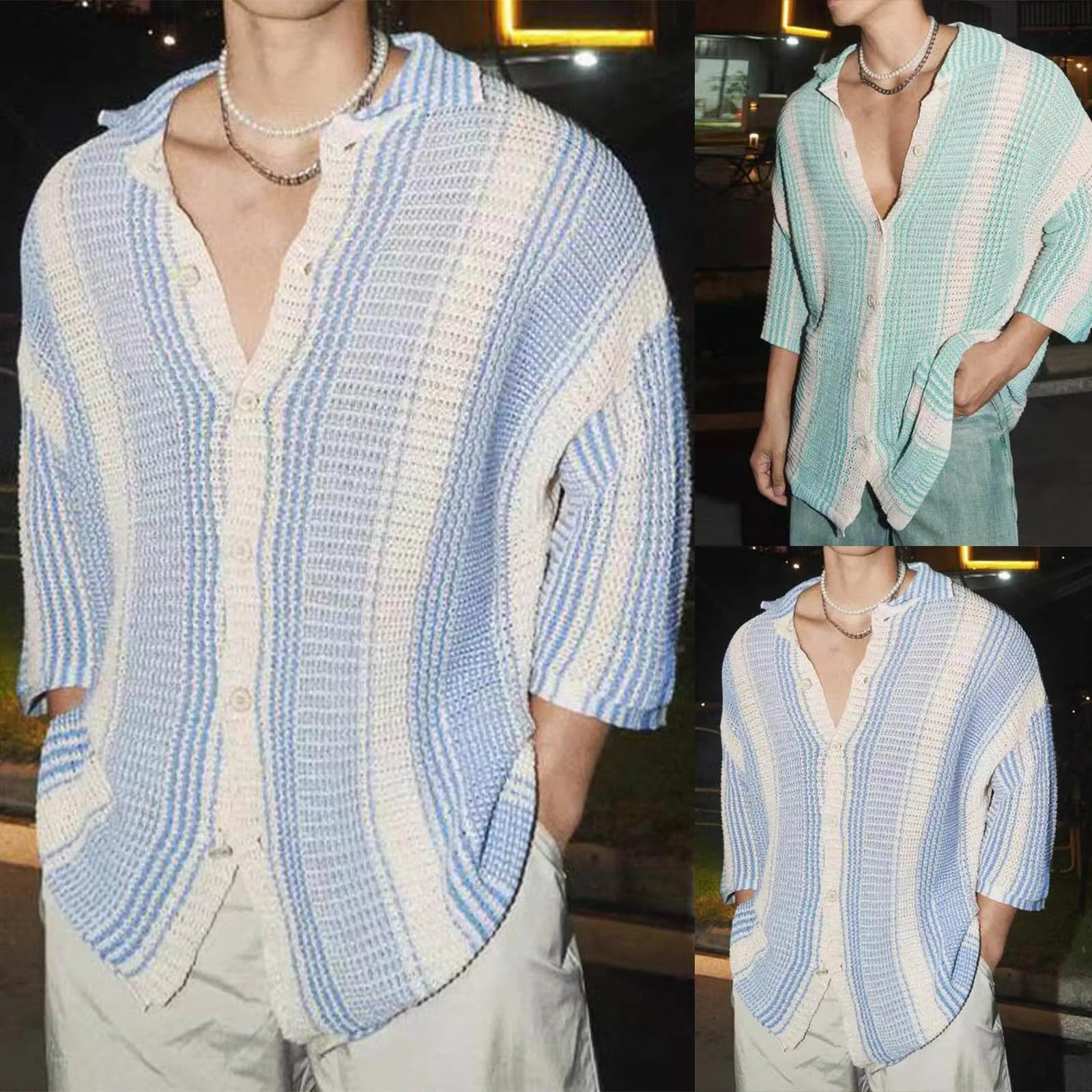 Summer Clothing MenS Hollow Out Knitted Short Sleeve Polo Shirt Leisure Striped Button-Down Shirts Breathable Knitwear 250304