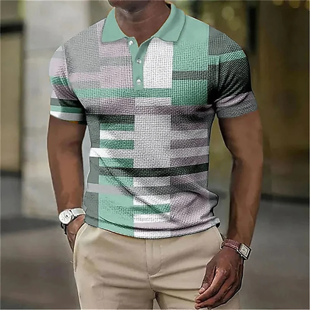 Fashion MenS Polo Striped Plaid Print Vintage MenS Clothing High-Quality Top Street Casual Short Sleeved Loose Oversized Shirt 250304