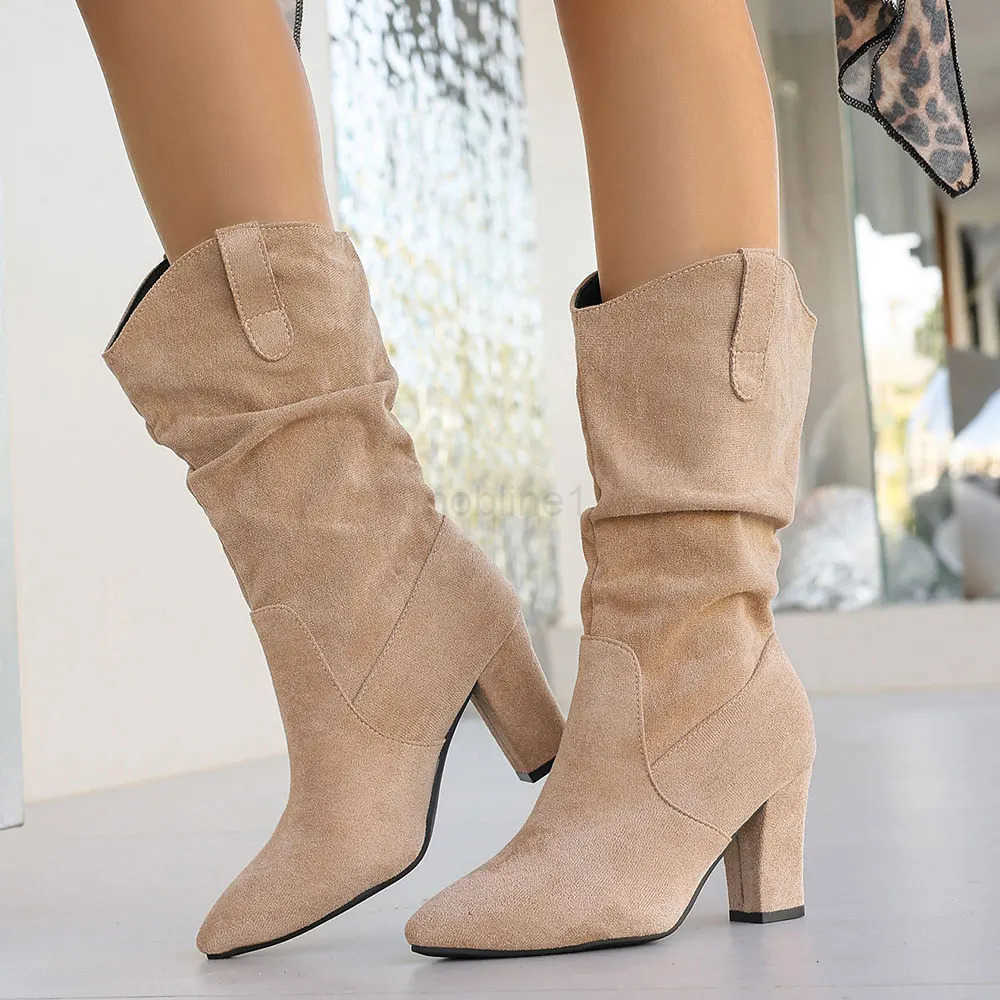 Big Size 42 Elegant Modern Lady Mid-calf Boots Wen Shoes Sexy Slip on Pleated Block High H Boots for Party and Off Z250304