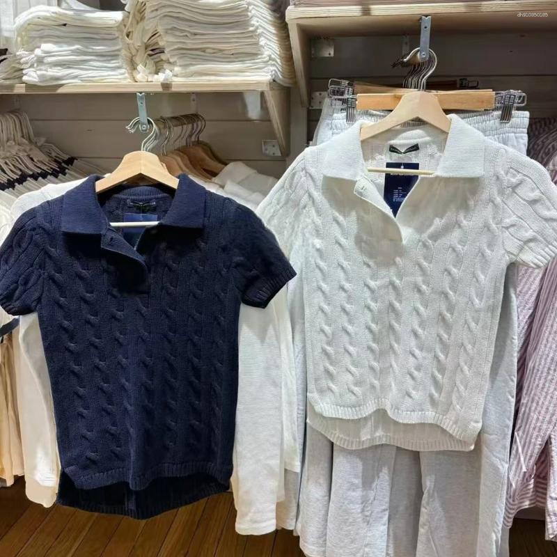 Women's Polos Twist Knitted Spring Clothes 2025 Turn Down Collar Short Sleeve Tees Girls Vintage Casual T-shirt Sweet Y2k
