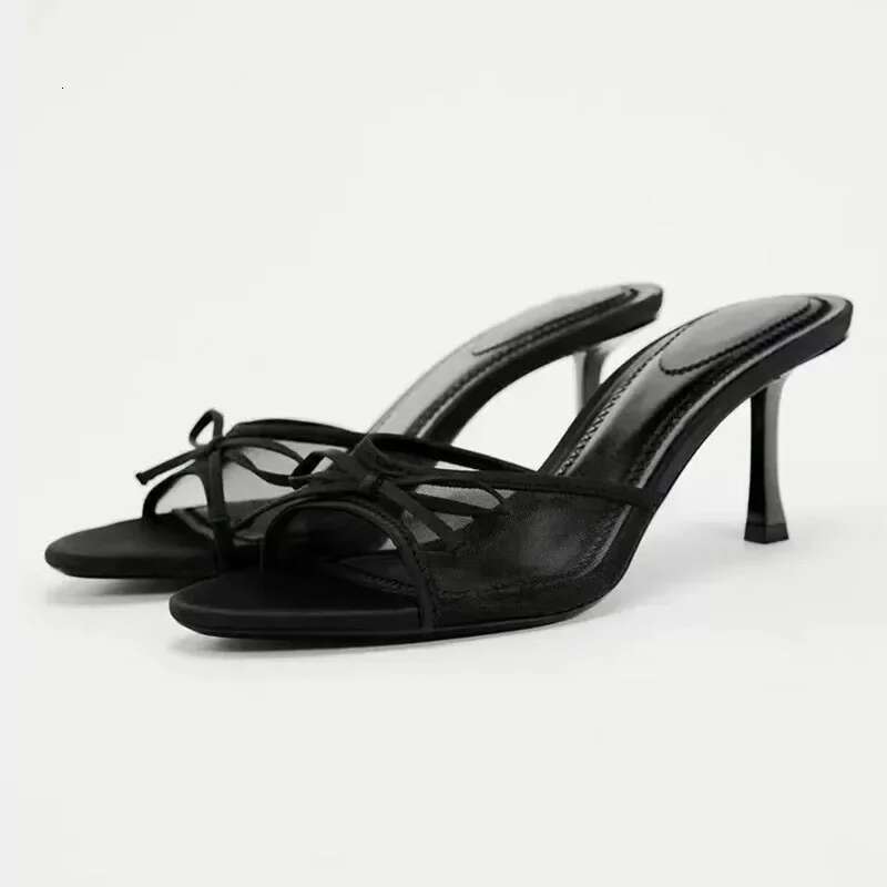 One New Product e with Back Air TRF Slippers Mesh Fabric Bow Decoration High Heel Shoes Women Sandals