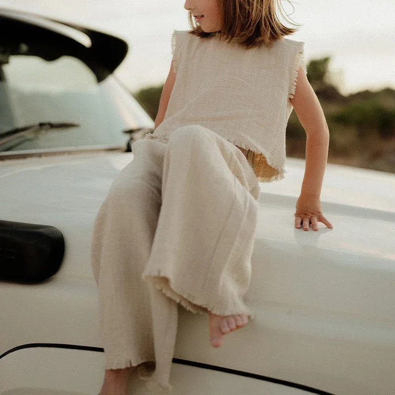 100% Cotton Muslin Casual Sets Girls Summer Loose Sleeveless Crop Top Elastic Waist Wide Leg Pants Children Suit 250304