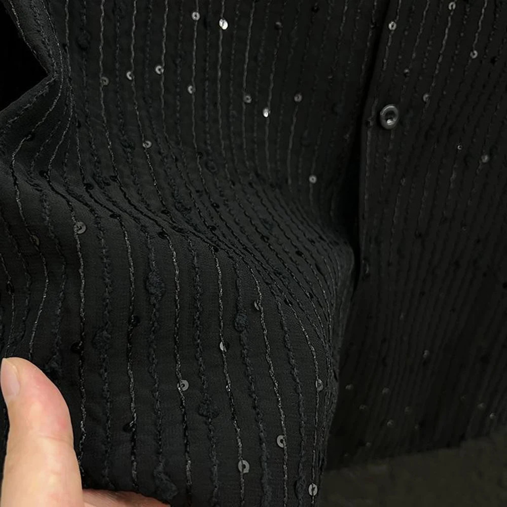 Summer Niche Glitter Loose Shirt Mens US Street Trend High End Shoulder Pads Y2k Long Sleeve Shirt 250227