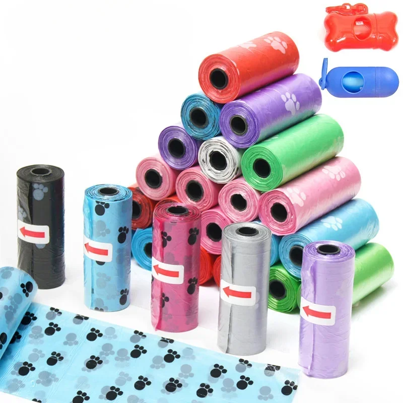 Pet Poop Bags Disposable Dog Waste Bags Bulk Poop Bags with Leash Clip and Bone Bag Dispenser 5Roll(75Pcs) Bags with Paw Prints