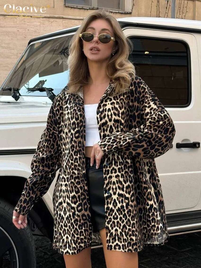 Clacive Fashion Loose Print Women 2025 Casual Lapel Long Sleeve Blouse Classic Top Female Shirt Streetwear